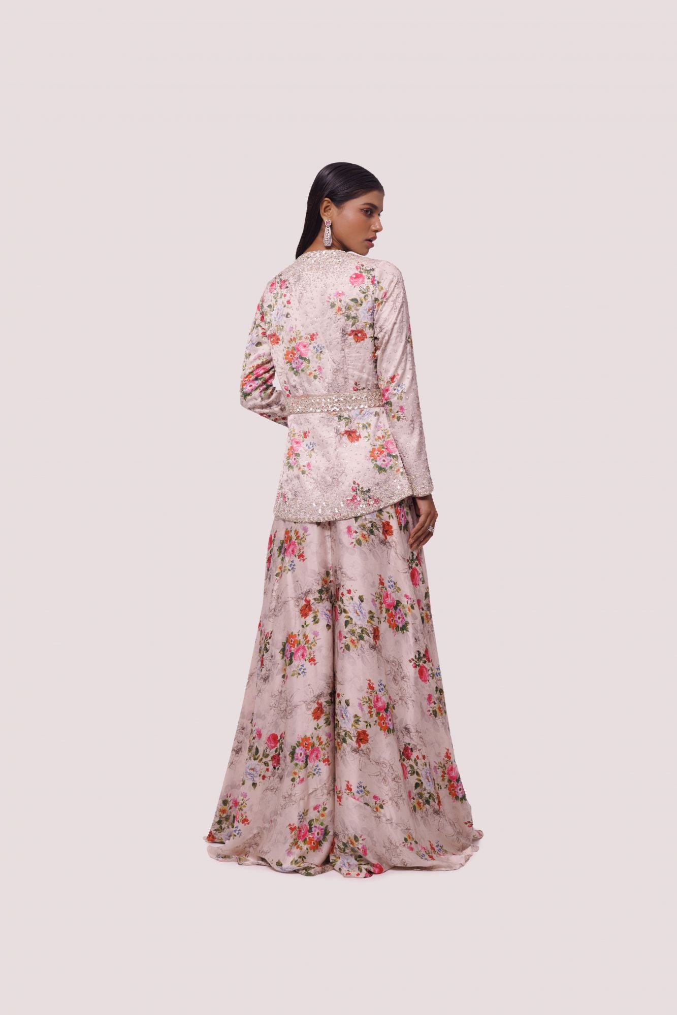 Shop stunning peach floral satin embellished co-ord set online in USA. Shop the best and latest designs in embroidered sarees, designer sarees, Anarkali suit, lehengas, sharara suits for weddings and special occasions from Pure Elegance Indian fashion store in USA.-back