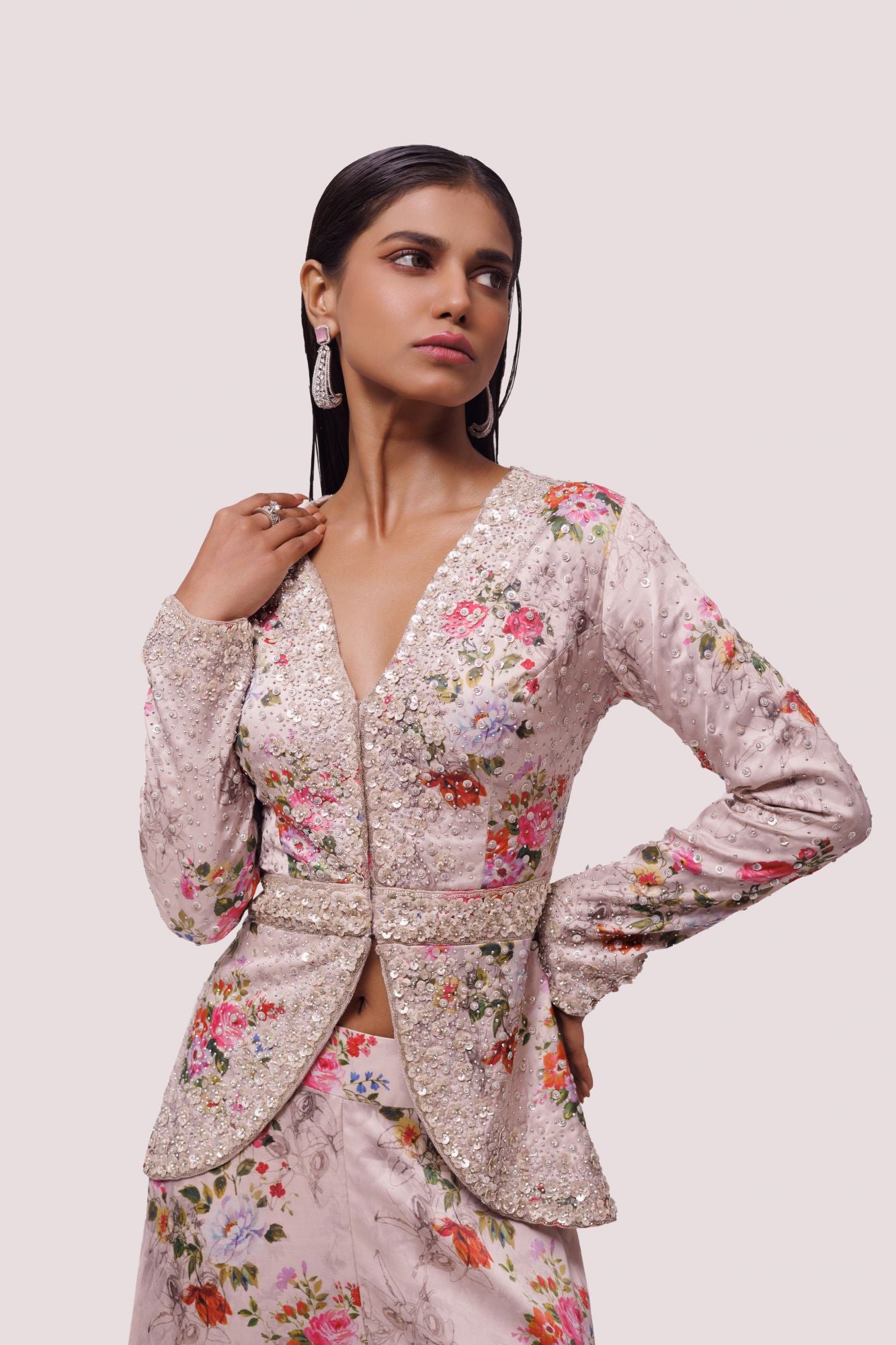 Shop stunning peach floral satin embellished co-ord set online in USA. Shop the best and latest designs in embroidered sarees, designer sarees, Anarkali suit, lehengas, sharara suits for weddings and special occasions from Pure Elegance Indian fashion store in USA.-closeup
