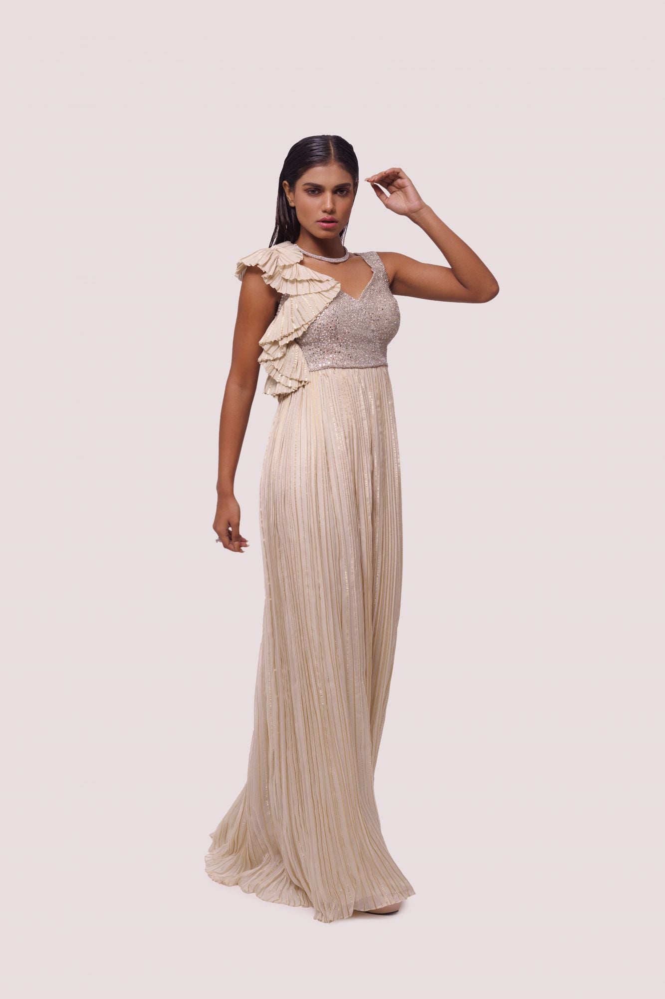 Buy stunning off-white embellished organza jumpsuit online in USA. Shop the best and latest designs in embroidered sarees, designer sarees, Anarkali suit, lehengas, sharara suits for weddings and special occasions from Pure Elegance Indian fashion store in USA.-side