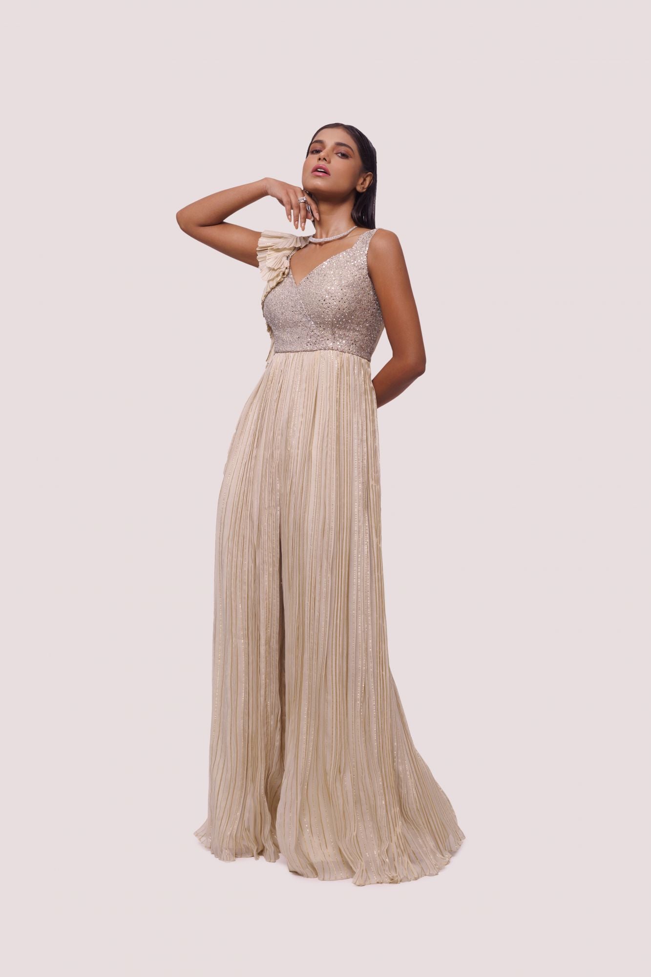 Buy stunning off-white embellished organza jumpsuit online in USA. Shop the best and latest designs in embroidered sarees, designer sarees, Anarkali suit, lehengas, sharara suits for weddings and special occasions from Pure Elegance Indian fashion store in USA.-jumpsuit