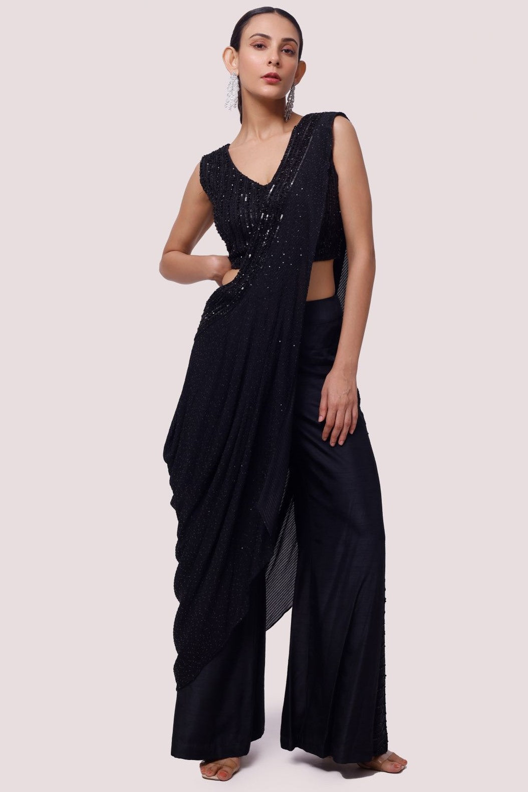 Buy black silk embellished Indowestern set online in USA. Shop the best and latest designs in embroidered sarees, designer sarees, Anarkali suit, lehengas, sharara suits for weddings and special occasions from Pure Elegance Indian fashion store in USA.-full view