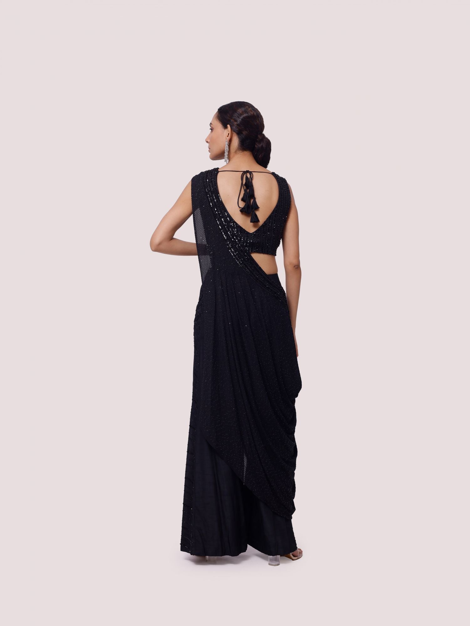 Buy black silk embellished Indowestern set online in USA. Shop the best and latest designs in embroidered sarees, designer sarees, Anarkali suit, lehengas, sharara suits for weddings and special occasions from Pure Elegance Indian fashion store in USA.-back