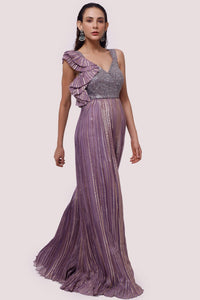 Buy stunning lilac embellished organza jumpsuit online in USA. Shop the best and latest designs in embroidered sarees, designer sarees, Anarkali suit, lehengas, sharara suits for weddings and special occasions from Pure Elegance Indian fashion store in USA.-front