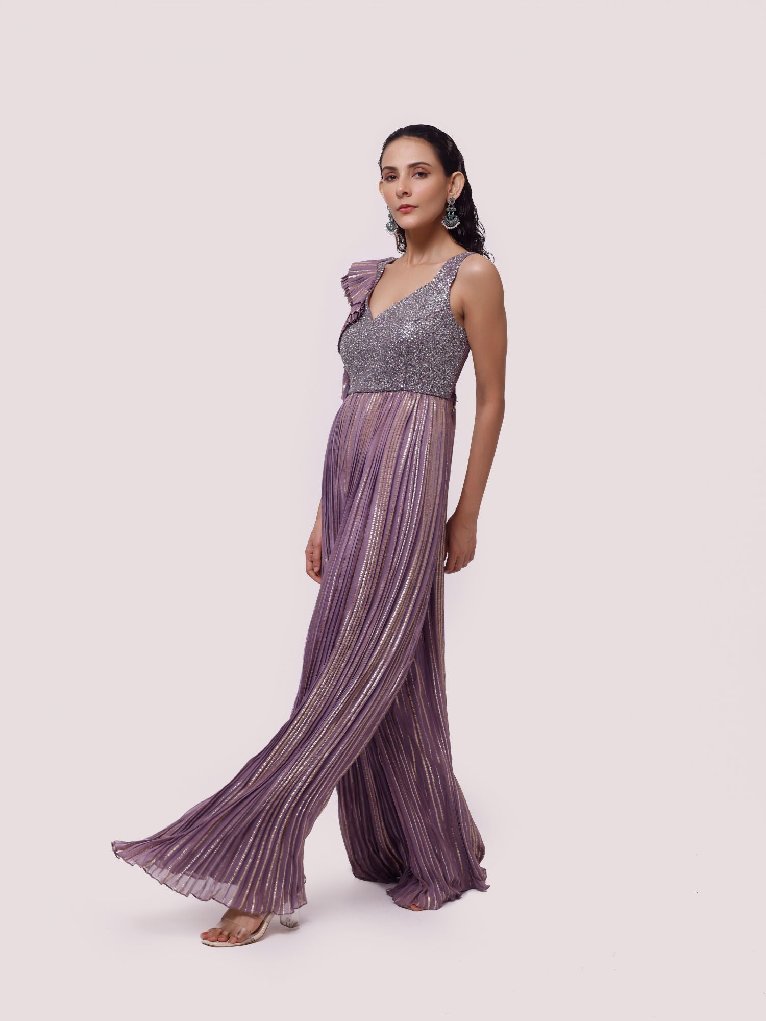 Buy stunning lilac embellished organza jumpsuit online in USA. Shop the best and latest designs in embroidered sarees, designer sarees, Anarkali suit, lehengas, sharara suits for weddings and special occasions from Pure Elegance Indian fashion store in USA.-side