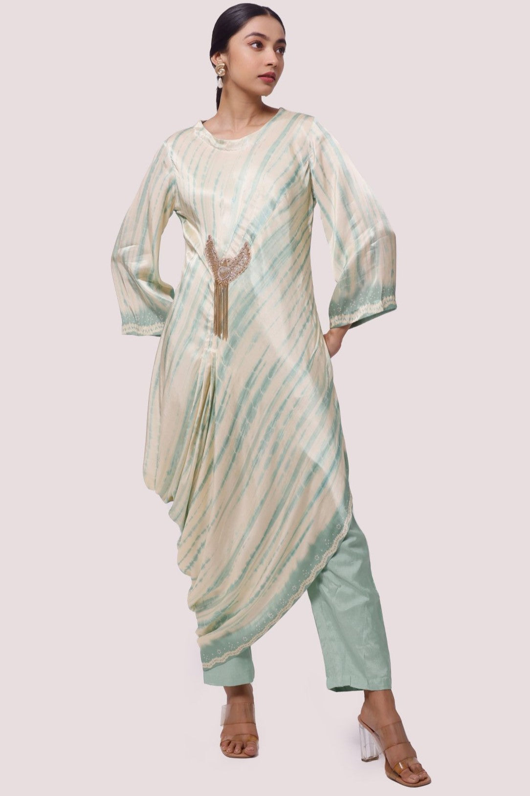 Buy beautiful pista green and cream printed satin kurta set online in USA. Shop the best and latest designs in embroidered sarees, designer sarees, Anarkali suit, lehengas, sharara suits for weddings and special occasions from Pure Elegance Indian fashion store in USA.-full view