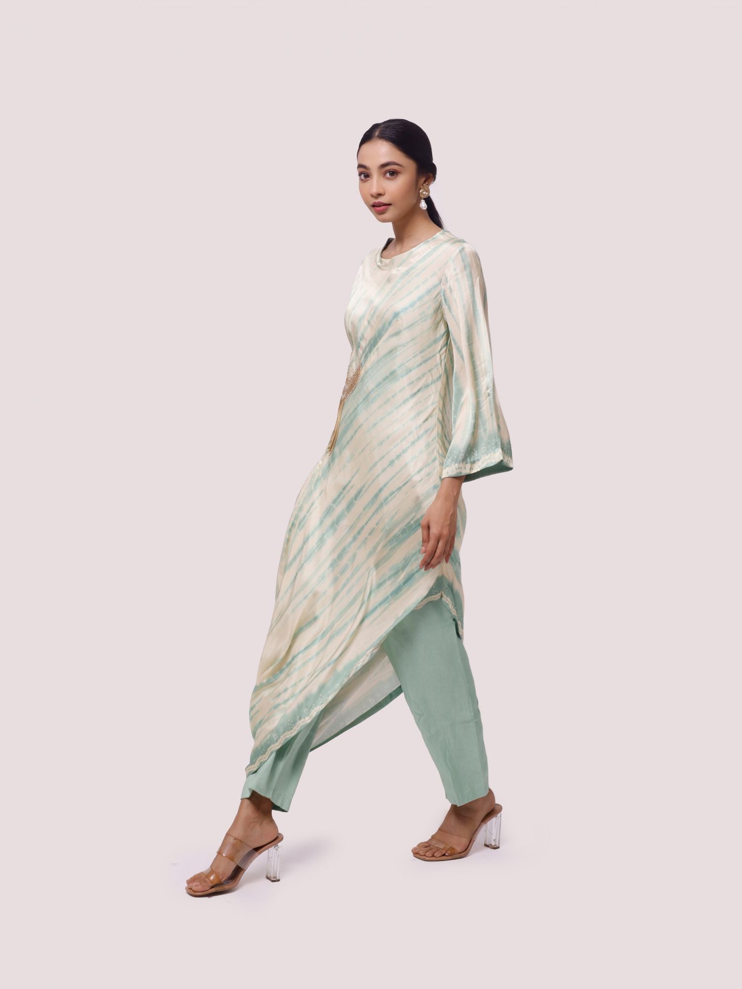 Buy beautiful pista green and cream printed satin kurta set online in USA. Shop the best and latest designs in embroidered sarees, designer sarees, Anarkali suit, lehengas, sharara suits for weddings and special occasions from Pure Elegance Indian fashion store in USA.-suit