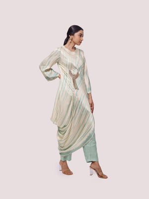 Buy beautiful pista green and cream printed satin kurta set online in USA. Shop the best and latest designs in embroidered sarees, designer sarees, Anarkali suit, lehengas, sharara suits for weddings and special occasions from Pure Elegance Indian fashion store in USA.-side