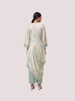 Buy beautiful pista green and cream printed satin kurta set online in USA. Shop the best and latest designs in embroidered sarees, designer sarees, Anarkali suit, lehengas, sharara suits for weddings and special occasions from Pure Elegance Indian fashion store in USA.-back