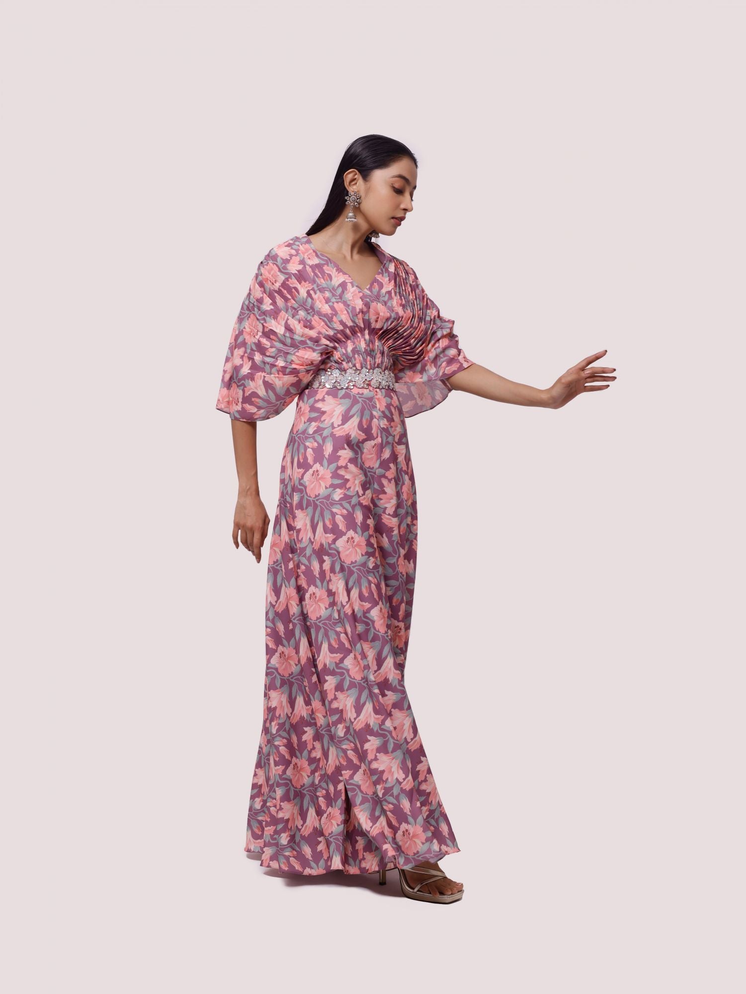Buy lilac printed jumpsuit online in USA with butterfly sleeves. Shop the best and latest designs in embroidered sarees, designer sarees, Anarkali suit, lehengas, sharara suits for weddings and special occasions from Pure Elegance Indian fashion store in USA.-side