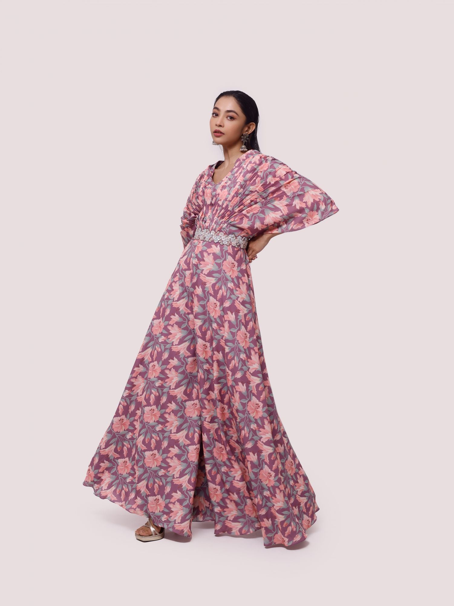Buy lilac printed jumpsuit online in USA with butterfly sleeves. Shop the best and latest designs in embroidered sarees, designer sarees, Anarkali suit, lehengas, sharara suits for weddings and special occasions from Pure Elegance Indian fashion store in USA.-jumpsuit