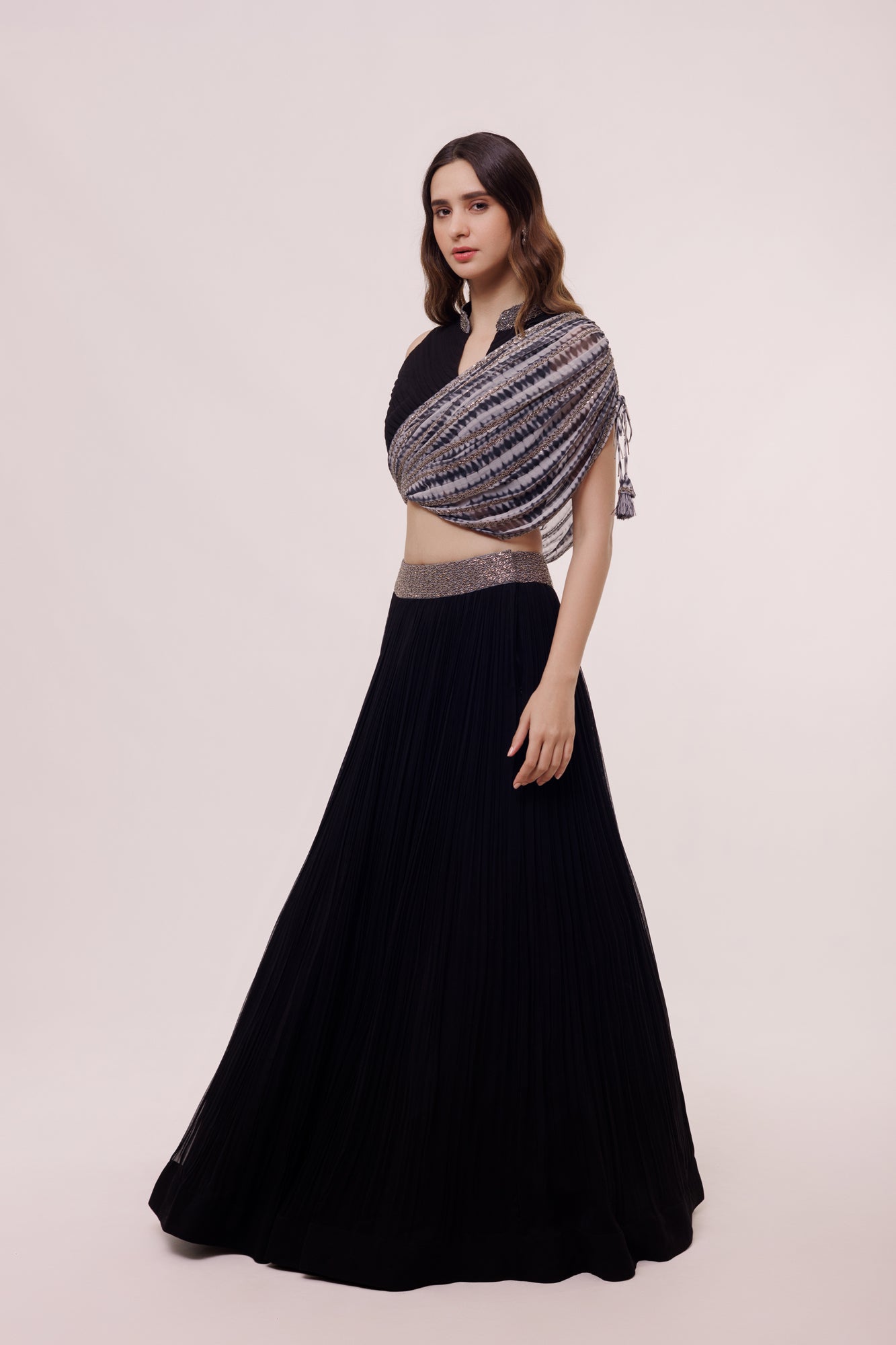Shop beautiful black mono wrap sleeves georgette skirt set online in USA. Shop the best and latest designs in embroidered sarees, designer sarees, Anarkali suit, lehengas, sharara suits for weddings and special occasions from Pure Elegance Indian fashion store in USA.-skirt set