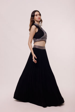 Shop beautiful black mono wrap sleeves georgette skirt set online in USA. Shop the best and latest designs in embroidered sarees, designer sarees, Anarkali suit, lehengas, sharara suits for weddings and special occasions from Pure Elegance Indian fashion store in USA.-side