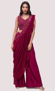 Shop wine embellished silk and chikan Indowestern set online in USA. Shop the best and latest designs in embroidered sarees, designer sarees, Anarkali suit, lehengas, sharara suits for weddings and special occasions from Pure Elegance Indian fashion store in USA.-full view