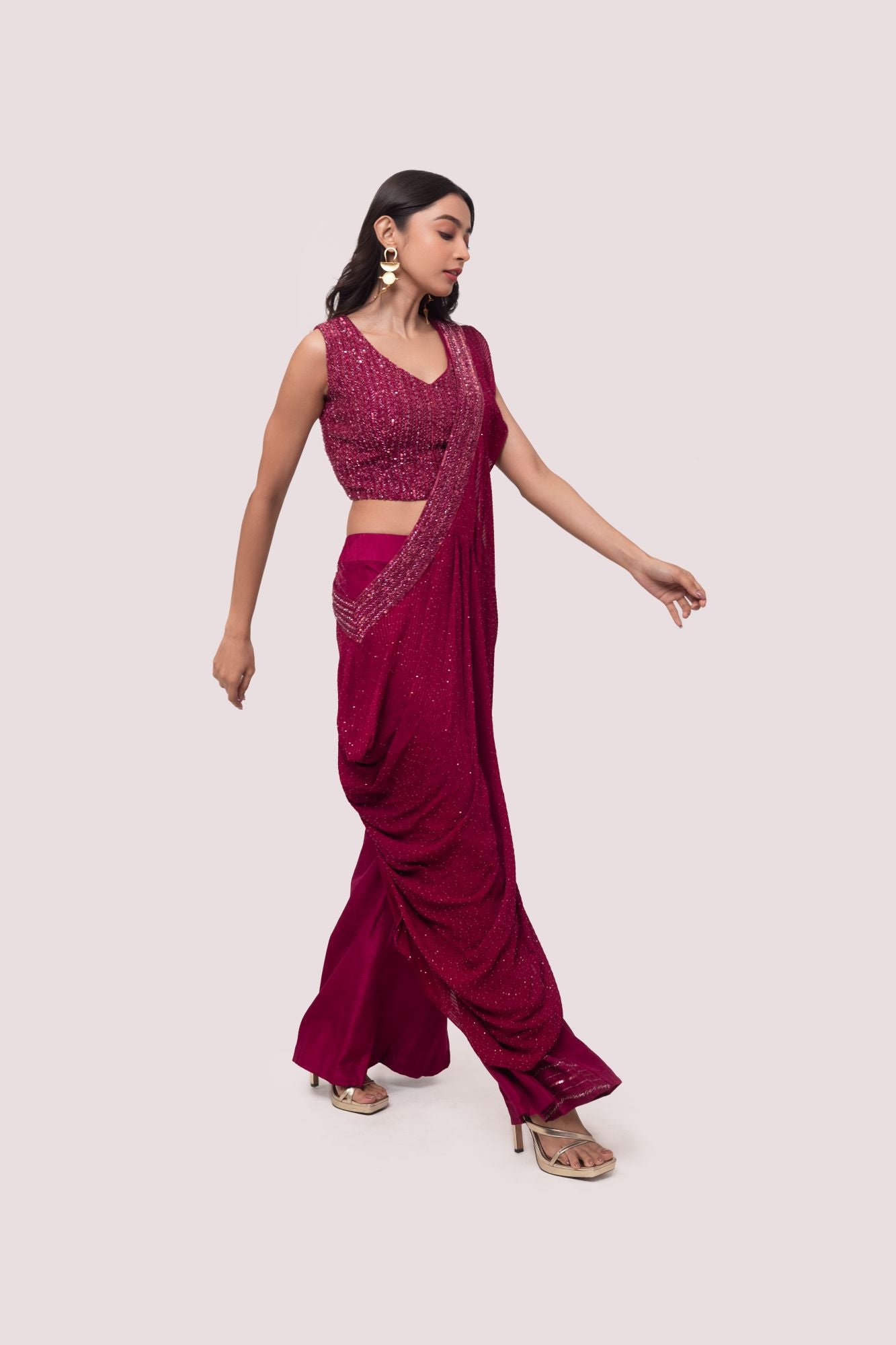 Shop wine embellished silk and chikan Indowestern set online in USA. Shop the best and latest designs in embroidered sarees, designer sarees, Anarkali suit, lehengas, sharara suits for weddings and special occasions from Pure Elegance Indian fashion store in USA.-side