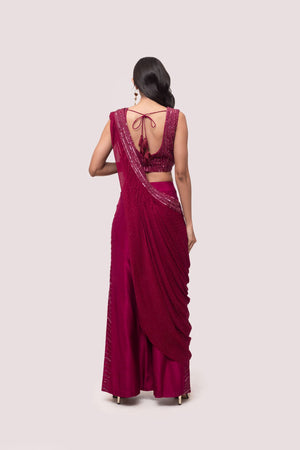 Shop wine embellished silk and chikan Indowestern set online in USA. Shop the best and latest designs in embroidered sarees, designer sarees, Anarkali suit, lehengas, sharara suits for weddings and special occasions from Pure Elegance Indian fashion store in USA.-back