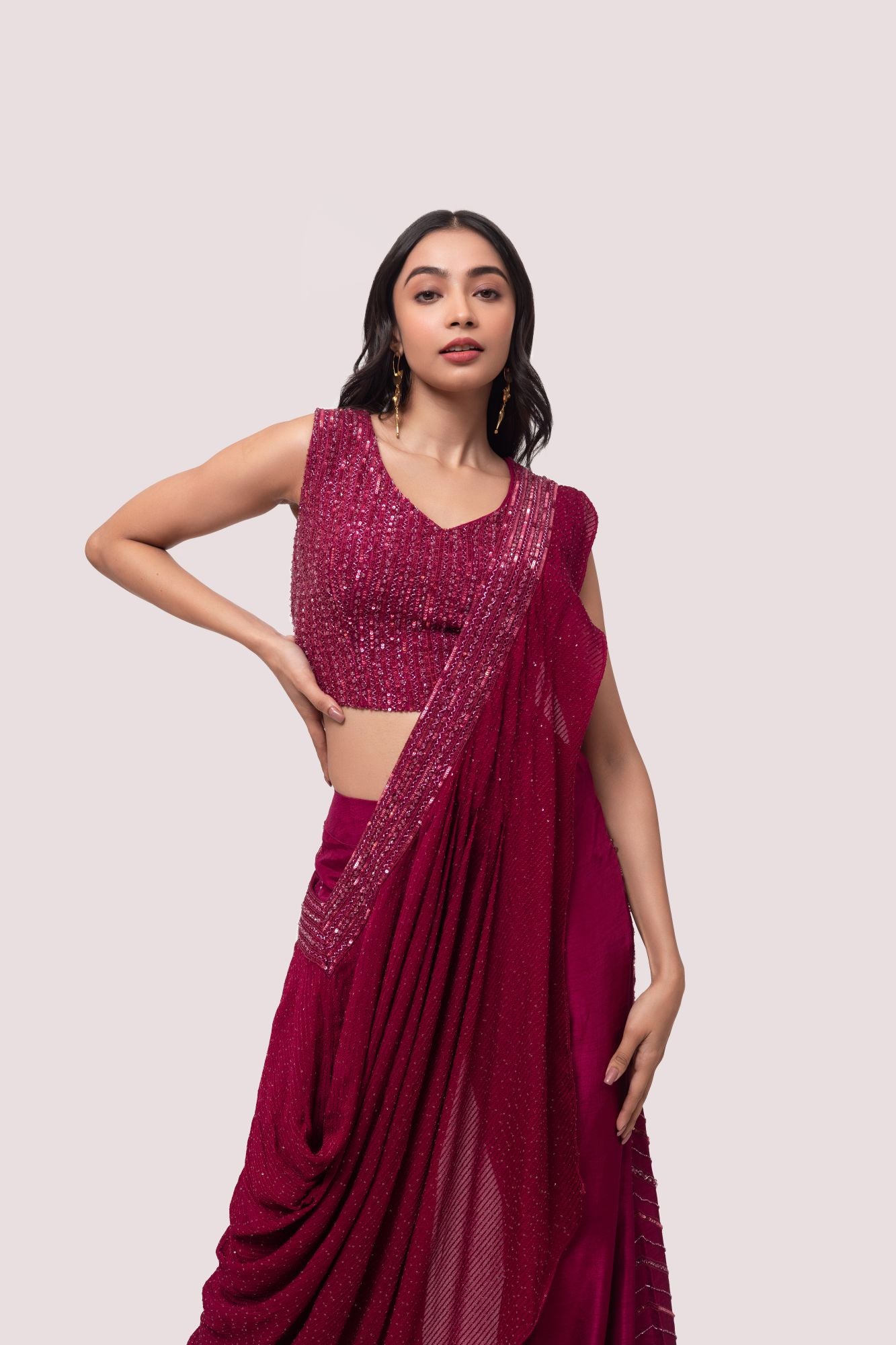 Shop wine embellished silk and chikan Indowestern set online in USA. Shop the best and latest designs in embroidered sarees, designer sarees, Anarkali suit, lehengas, sharara suits for weddings and special occasions from Pure Elegance Indian fashion store in USA.-closeup