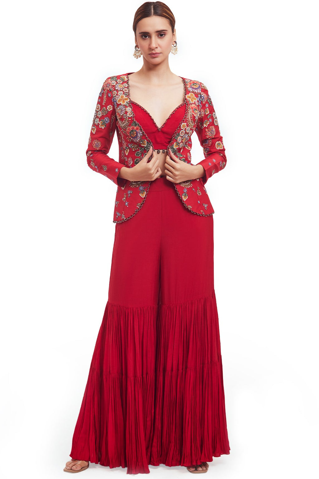 Buy beautiful red silk gharara set online in USA with embroidered silk jacket. Shop the best and latest designs in embroidered sarees, designer sarees, Anarkali suit, lehengas, sharara suits for weddings and special occasions from Pure Elegance Indian fashion store in USA.-full view