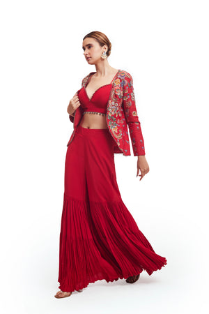 Buy beautiful red silk gharara set online in USA with embroidered silk jacket. Shop the best and latest designs in embroidered sarees, designer sarees, Anarkali suit, lehengas, sharara suits for weddings and special occasions from Pure Elegance Indian fashion store in USA.-gharara