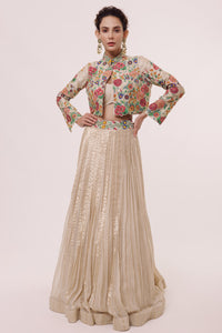 Shop cream georgette skirt set online in USA with floral jacket. Shop the best and latest designs in embroidered sarees, designer sarees, Anarkali suit, lehengas, sharara suits for weddings and special occasions from Pure Elegance Indian fashion store in USA.-full view