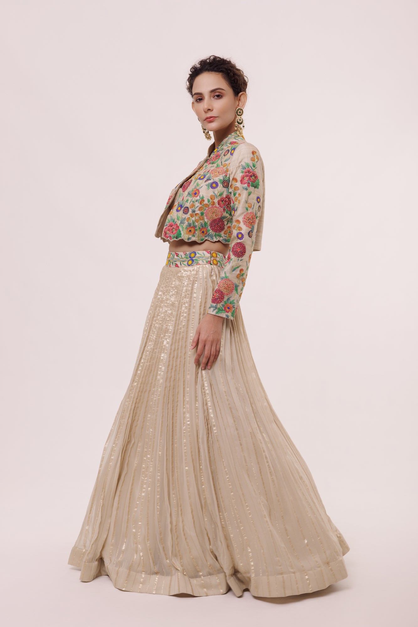 Shop cream georgette skirt set online in USA with floral jacket. Shop the best and latest designs in embroidered sarees, designer sarees, Anarkali suit, lehengas, sharara suits for weddings and special occasions from Pure Elegance Indian fashion store in USA.-jacket