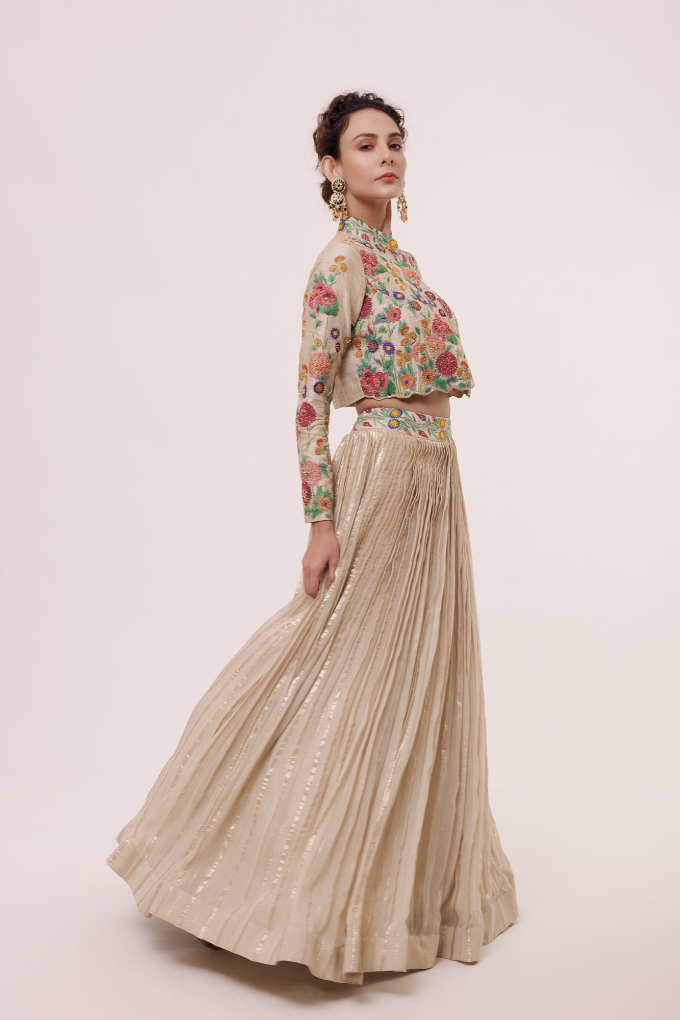 Shop cream georgette skirt set online in USA with floral jacket. Shop the best and latest designs in embroidered sarees, designer sarees, Anarkali suit, lehengas, sharara suits for weddings and special occasions from Pure Elegance Indian fashion store in USA.-side