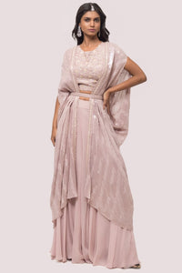 Buy mauve embellished palazzo set online in USA with cape. Shop the best and latest designs in embroidered sarees, designer sarees, Anarkali suit, lehengas, sharara suits for weddings and special occasions from Pure Elegance Indian fashion store in USA.-full view