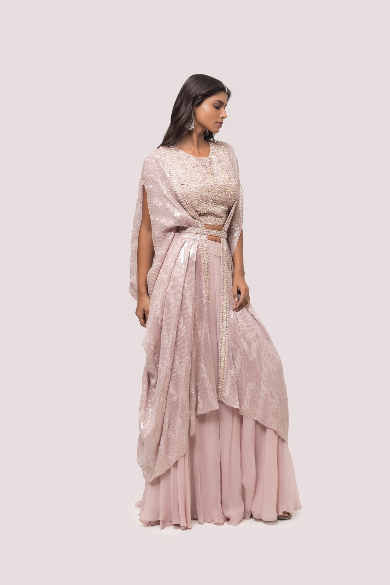 Buy mauve embellished palazzo set online in USA with cape. Shop the best and latest designs in embroidered sarees, designer sarees, Anarkali suit, lehengas, sharara suits for weddings and special occasions from Pure Elegance Indian fashion store in USA.-side
