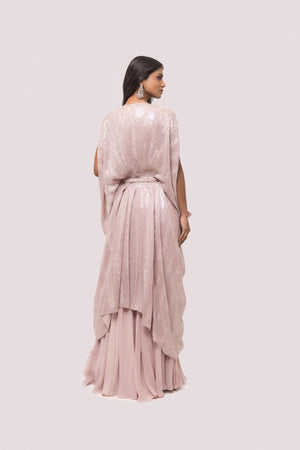 Buy mauve embellished palazzo set online in USA with cape. Shop the best and latest designs in embroidered sarees, designer sarees, Anarkali suit, lehengas, sharara suits for weddings and special occasions from Pure Elegance Indian fashion store in USA.-back