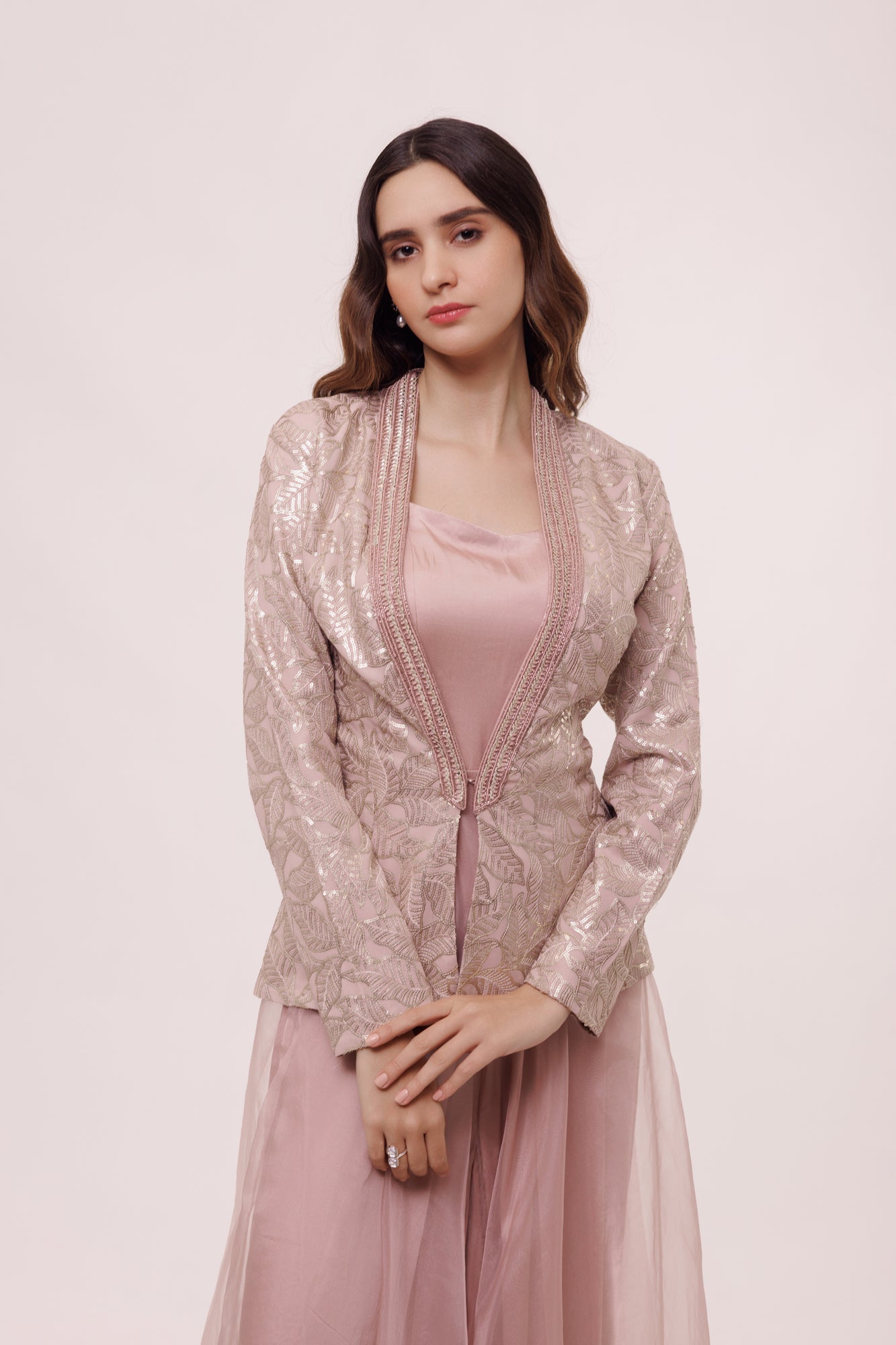 Shop onion pink embellished suit set online in USA with jacket. Shop the best and latest designs in embroidered sarees, designer sarees, Anarkali suit, lehengas, sharara suits for weddings and special occasions from Pure Elegance Indian fashion store in USA.-closeup