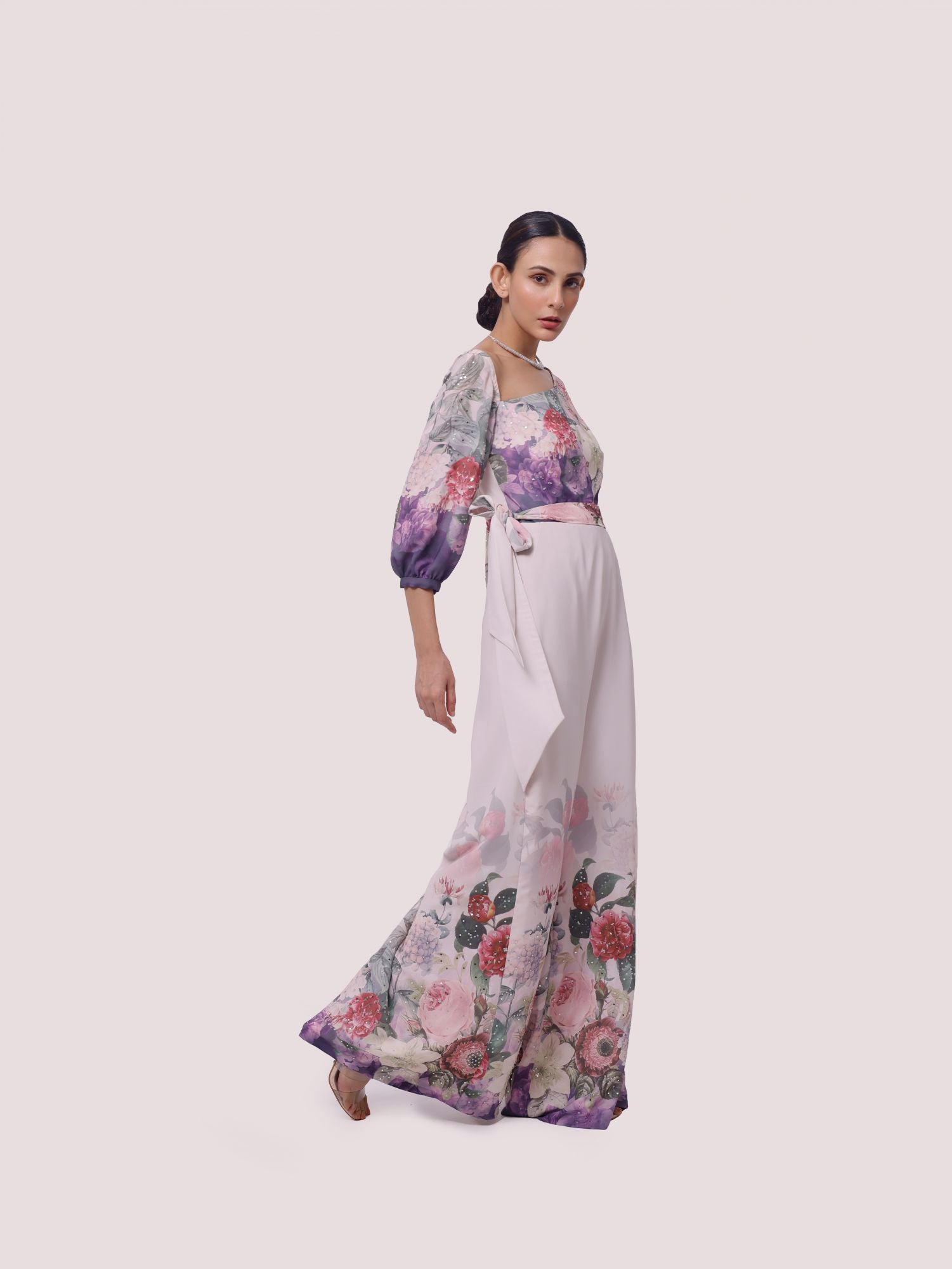 Buy stunning cream floral georgette jumpsuit online in USA. Shop the best and latest designs in embroidered sarees, designer sarees, Anarkali suit, lehengas, sharara suits for weddings and special occasions from Pure Elegance Indian fashion store in USA.-side