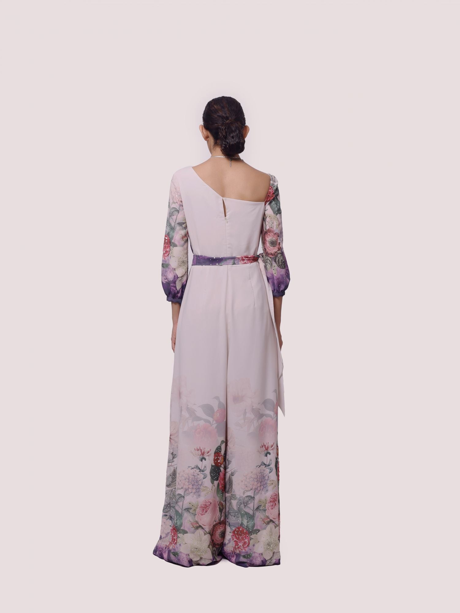 Buy stunning cream floral georgette jumpsuit online in USA. Shop the best and latest designs in embroidered sarees, designer sarees, Anarkali suit, lehengas, sharara suits for weddings and special occasions from Pure Elegance Indian fashion store in USA.-back