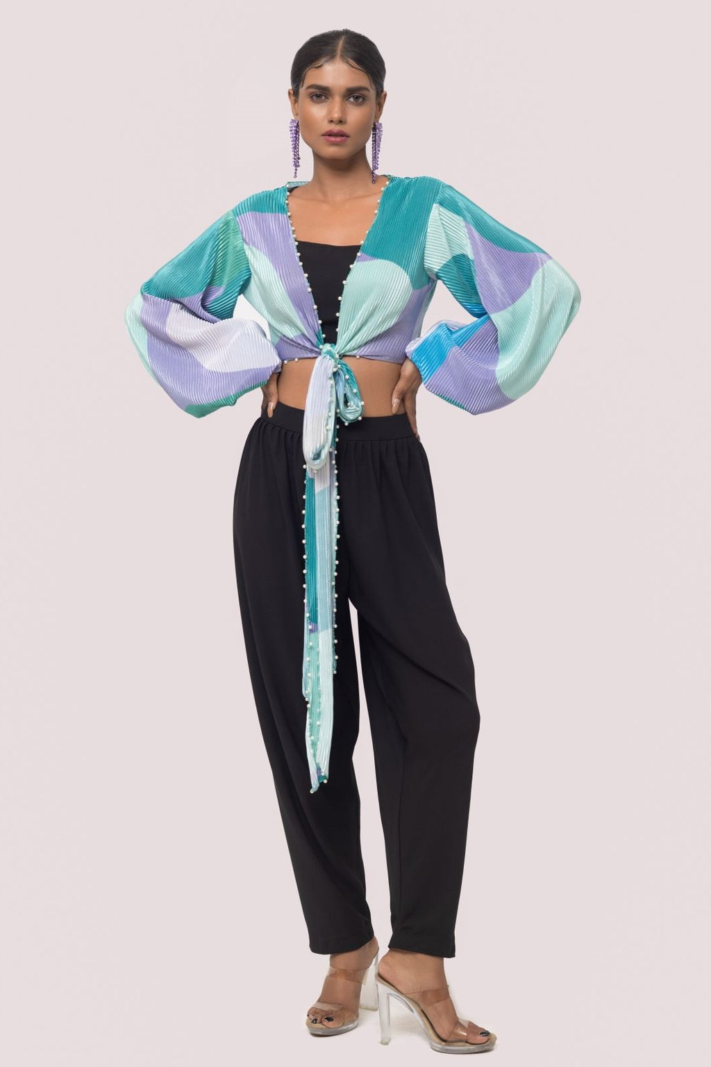 Shop stunning green printed top online in USA with black pants. Shop the best and latest designs in embroidered sarees, designer sarees, Anarkali suit, lehengas, sharara suits for weddings and special occasions from Pure Elegance Indian fashion store in USA.-full view