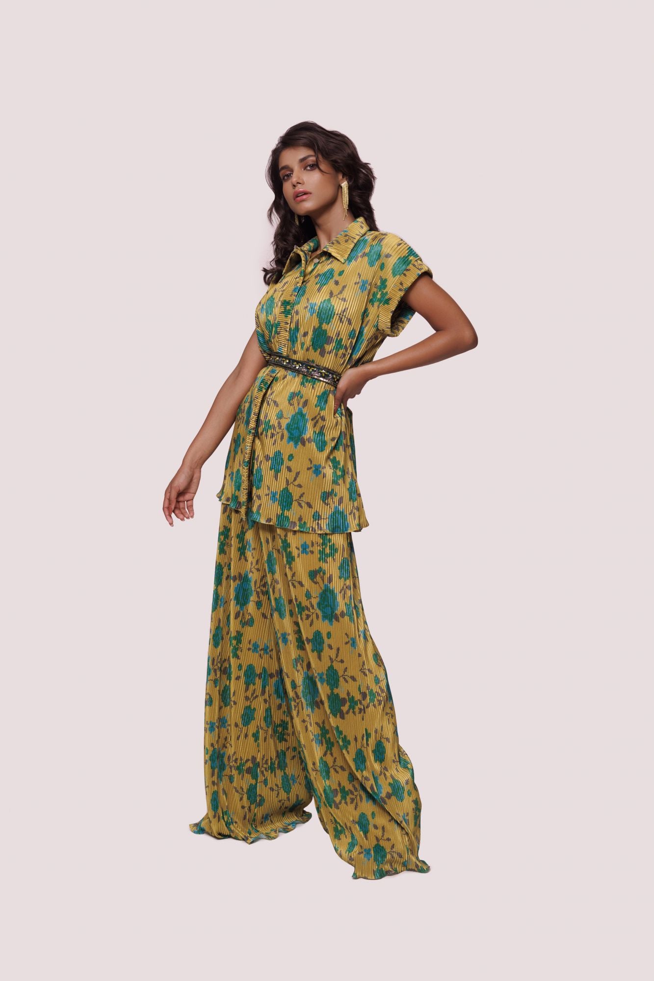 Buy stunning mustard floral print palazzo set online in USA. Shop the best and latest designs in embroidered sarees, designer sarees, Anarkali suit, lehengas, sharara suits for weddings and special occasions from Pure Elegance Indian fashion store in USA.-side