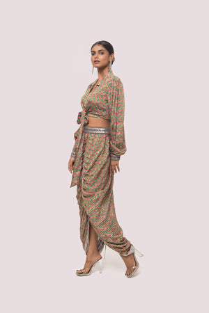 Shop stunning multicolor printed floral skirt set online in USA. Shop the best and latest designs in embroidered sarees, designer sarees, Anarkali suit, lehengas, sharara suits for weddings and special occasions from Pure Elegance Indian fashion store in USA.-skirt