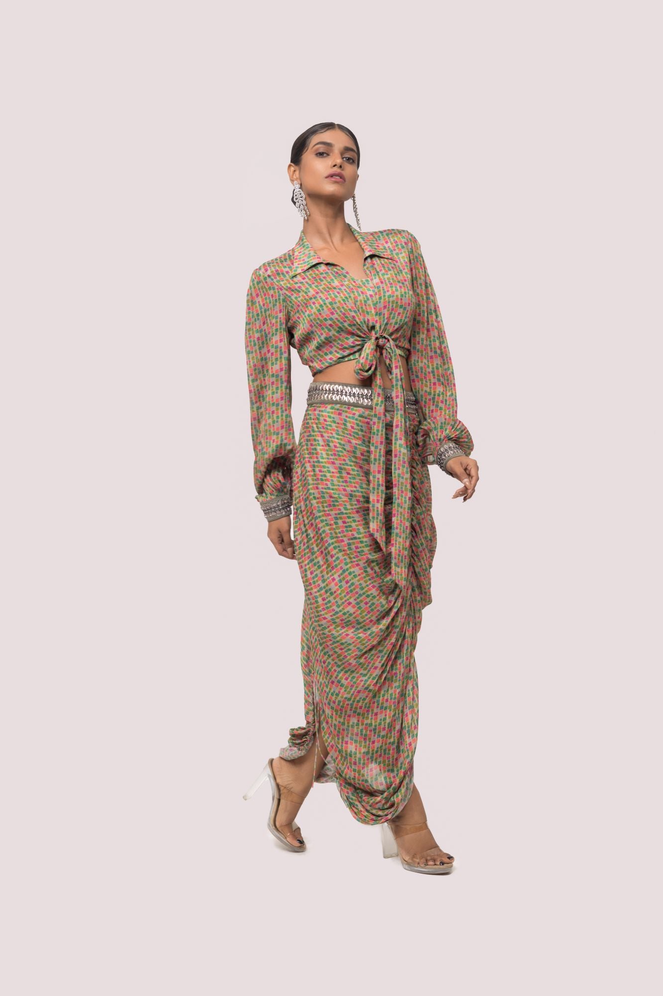 Shop stunning multicolor printed floral skirt set online in USA. Shop the best and latest designs in embroidered sarees, designer sarees, Anarkali suit, lehengas, sharara suits for weddings and special occasions from Pure Elegance Indian fashion store in USA.-side