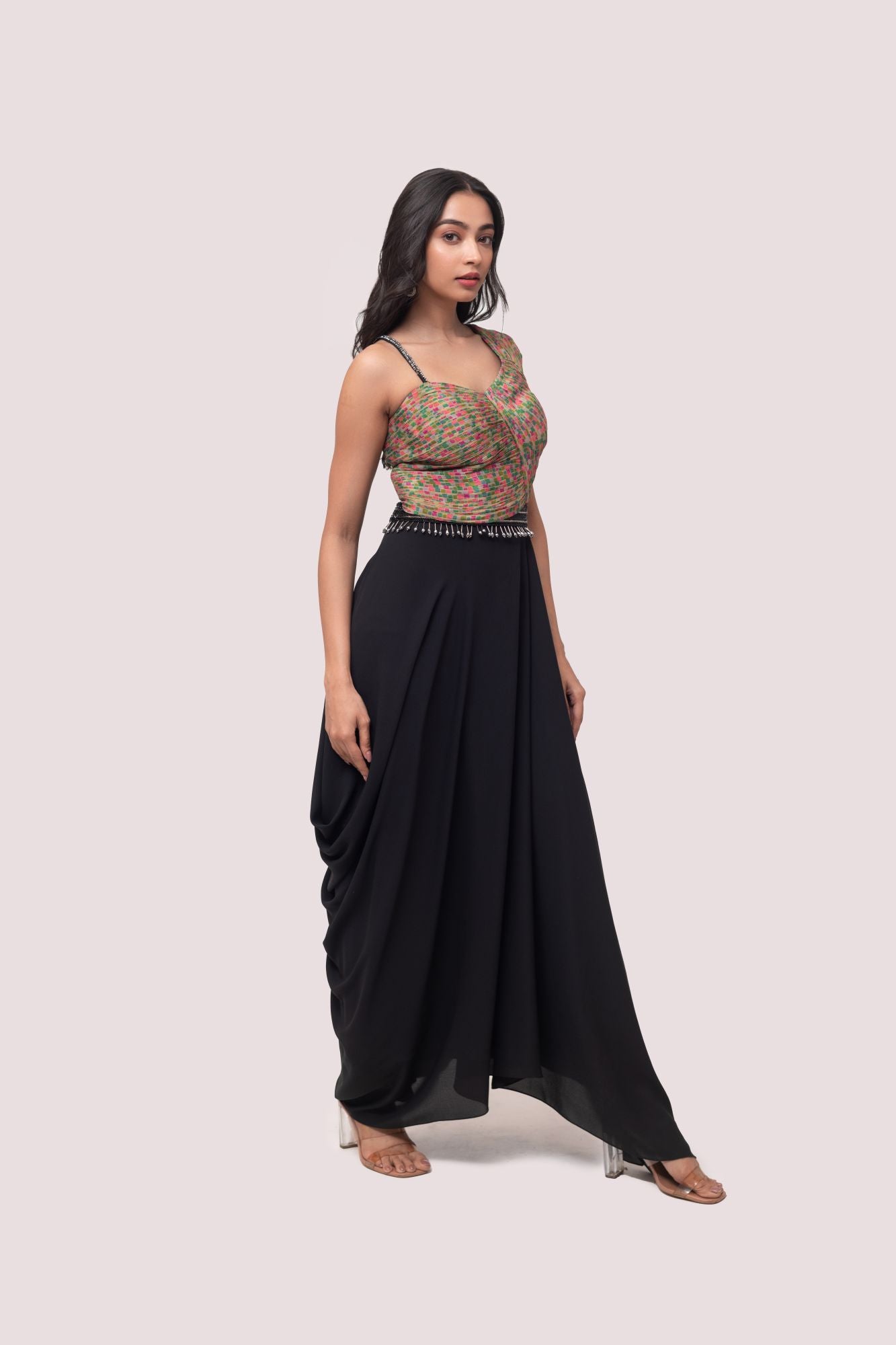 Shop multicolor georgette top set online in USA with black asymmetric skirt. Shop the best and latest designs in embroidered sarees, designer sarees, Anarkali suit, lehengas, sharara suits for weddings and special occasions from Pure Elegance Indian fashion store in USA.-skirt