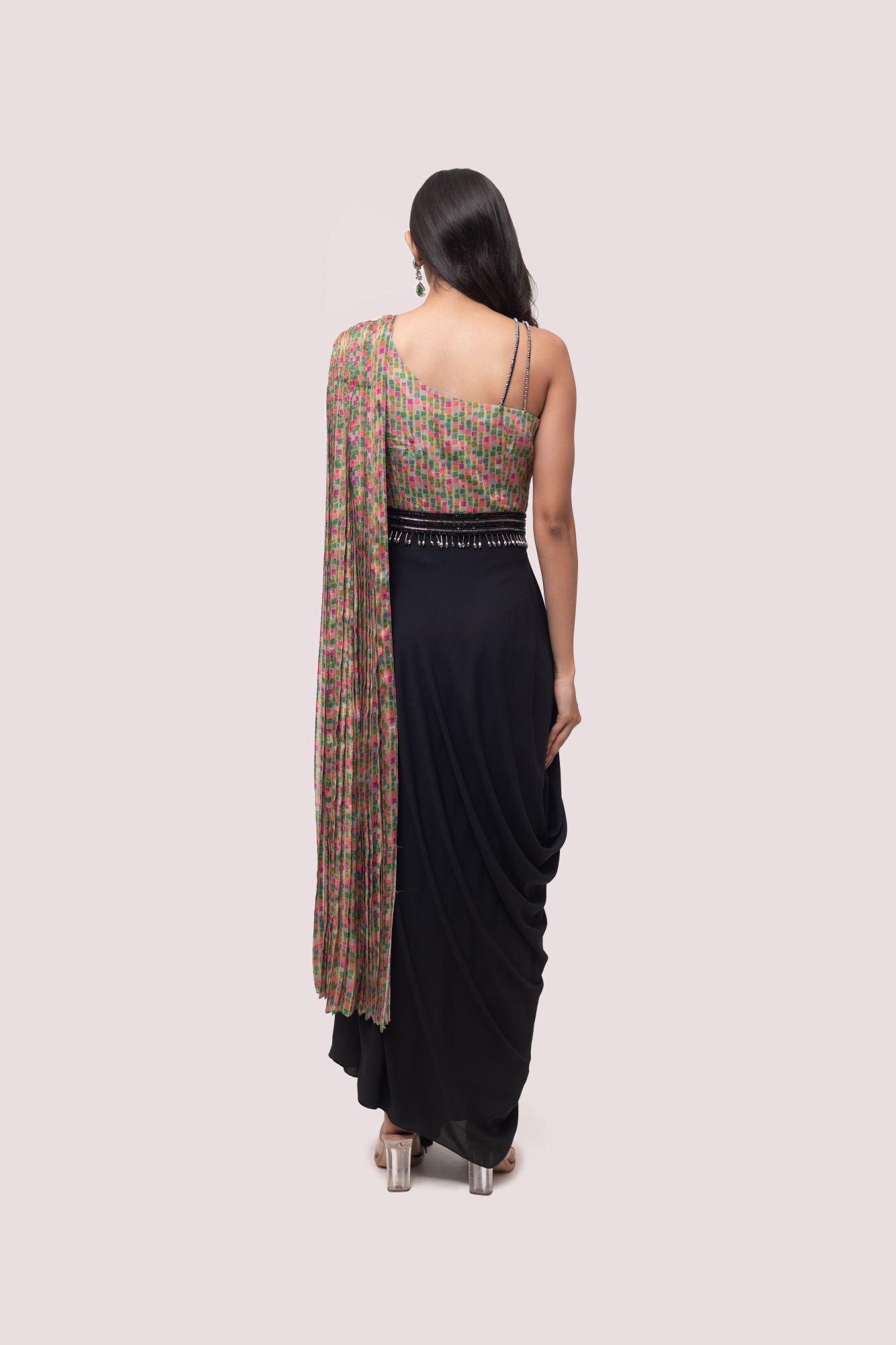 Shop multicolor georgette top set online in USA with black asymmetric skirt. Shop the best and latest designs in embroidered sarees, designer sarees, Anarkali suit, lehengas, sharara suits for weddings and special occasions from Pure Elegance Indian fashion store in USA.-back