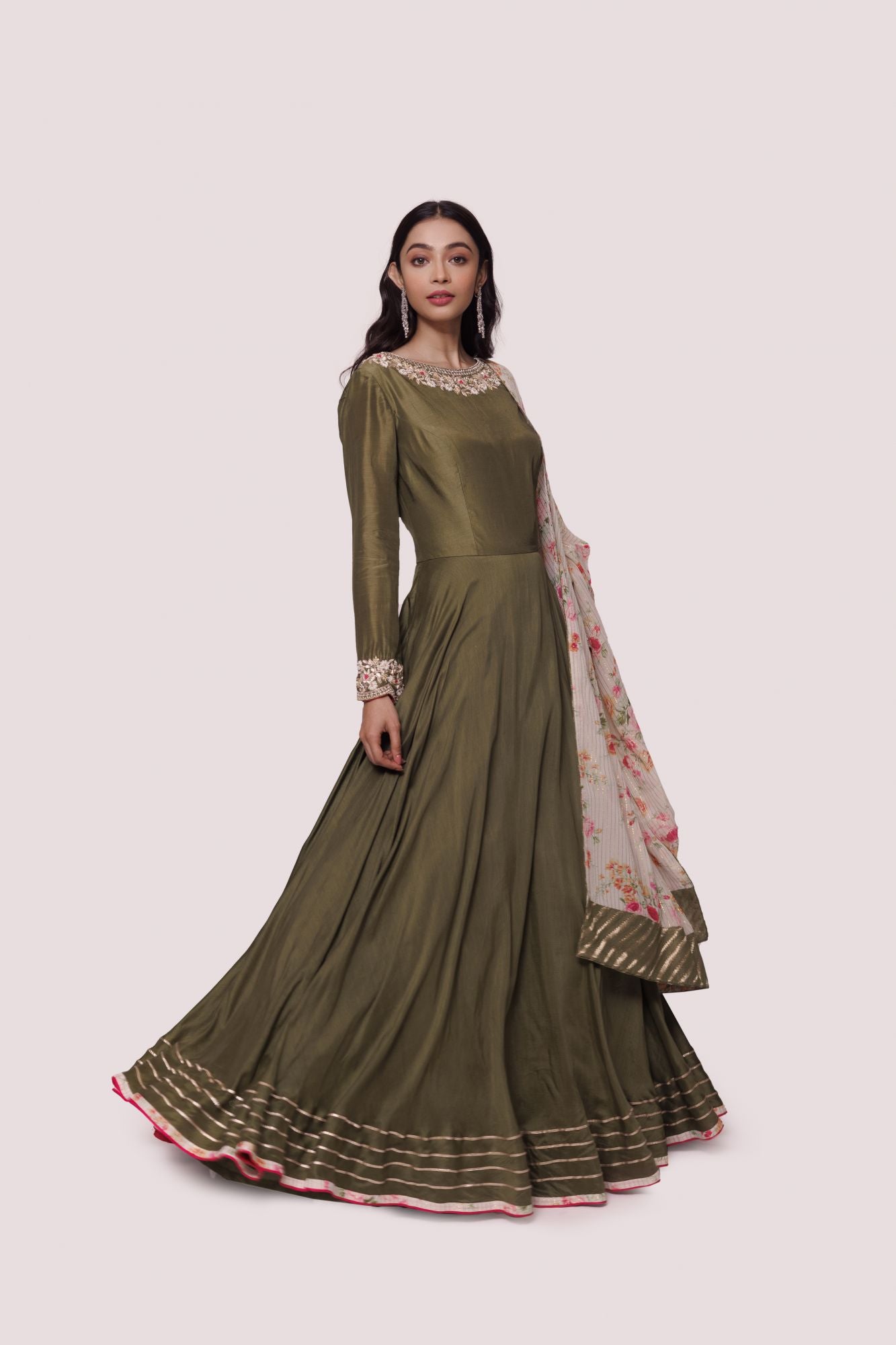 Shop beautiful olive green muslin Anarkali suit online in USA with georgette dupatta. Shop the best and latest designs in embroidered sarees, designer sarees, Anarkali suit, lehengas, sharara suits for weddings and special occasions from Pure Elegance Indian fashion store in USA.-side