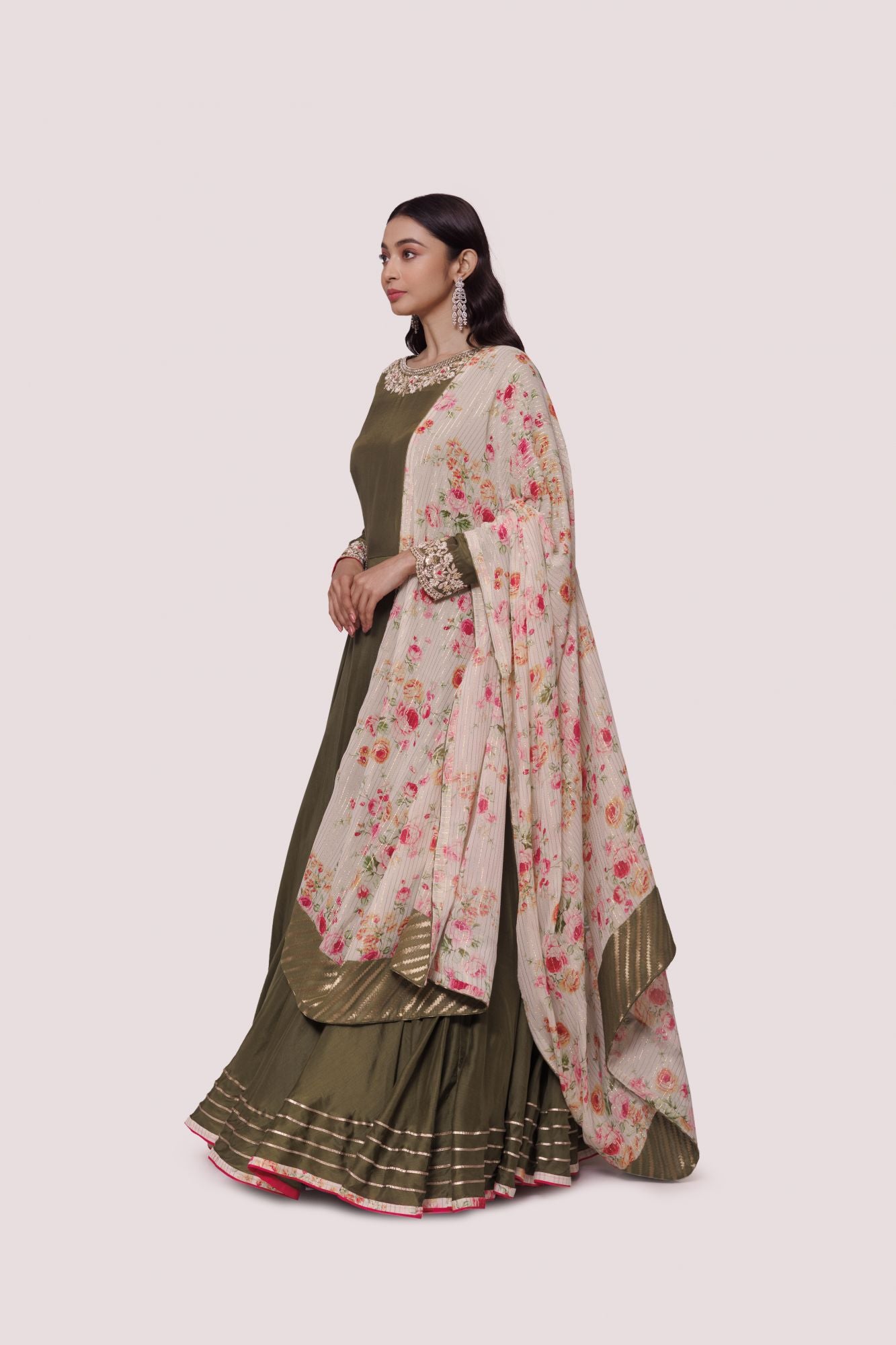 Shop beautiful olive green muslin Anarkali suit online in USA with georgette dupatta. Shop the best and latest designs in embroidered sarees, designer sarees, Anarkali suit, lehengas, sharara suits for weddings and special occasions from Pure Elegance Indian fashion store in USA.-side