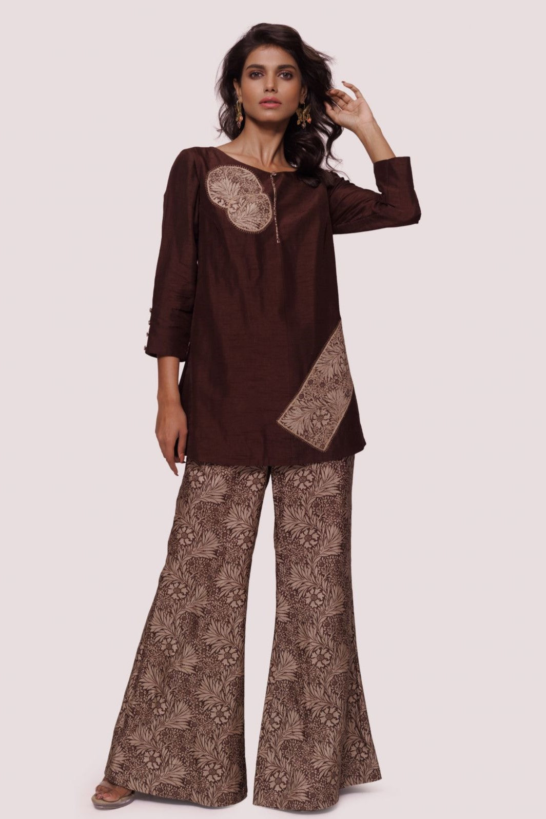 Shop elegant brown printed silk palazzo set online in USA. Shop the best and latest designs in embroidered sarees, designer sarees, Anarkali suit, lehengas, sharara suits for weddings and special occasions from Pure Elegance Indian fashion store in USA.-full view