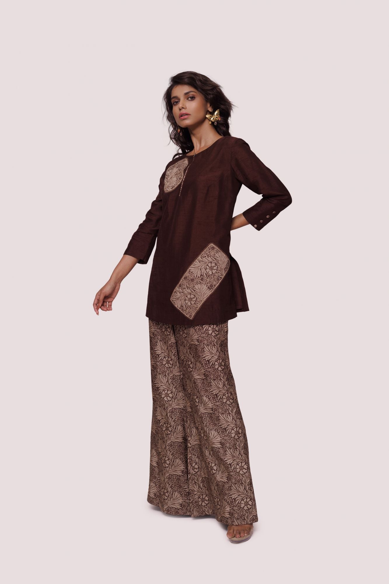 Shop elegant brown printed silk palazzo set online in USA. Shop the best and latest designs in embroidered sarees, designer sarees, Anarkali suit, lehengas, sharara suits for weddings and special occasions from Pure Elegance Indian fashion store in USA.-palazzo
