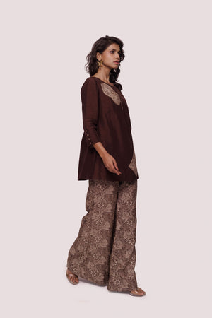 Shop elegant brown printed silk palazzo set online in USA. Shop the best and latest designs in embroidered sarees, designer sarees, Anarkali suit, lehengas, sharara suits for weddings and special occasions from Pure Elegance Indian fashion store in USA.-side