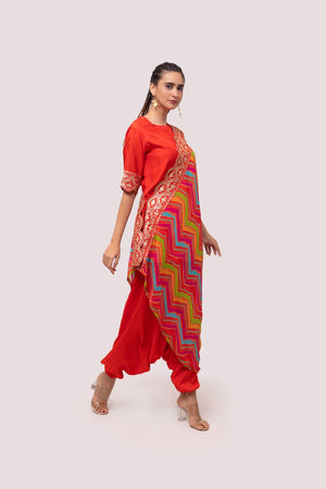 Buy beautiful red silk dhoti suit online in USA with multicolor toga. Shop the best and latest designs in embroidered sarees, designer sarees, Anarkali suit, lehengas, sharara suits for weddings and special occasions from Pure Elegance Indian fashion store in USA.-side