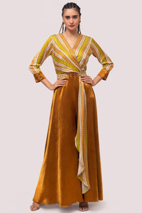 Buy brown and mustard striped satin silk jumpsuit online in USA. Shop the best and latest designs in embroidered sarees, designer sarees, Anarkali suit, lehengas, sharara suits for weddings and special occasions from Pure Elegance Indian fashion store in USA.-full view