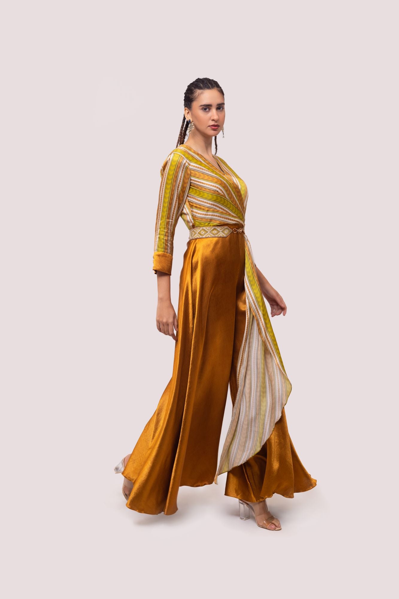 Buy brown and mustard striped satin silk jumpsuit online in USA. Shop the best and latest designs in embroidered sarees, designer sarees, Anarkali suit, lehengas, sharara suits for weddings and special occasions from Pure Elegance Indian fashion store in USA.-side
