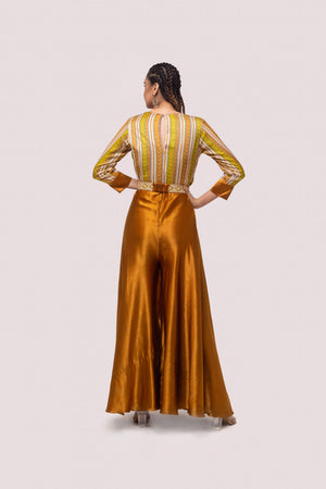 Buy brown and mustard striped satin silk jumpsuit online in USA. Shop the best and latest designs in embroidered sarees, designer sarees, Anarkali suit, lehengas, sharara suits for weddings and special occasions from Pure Elegance Indian fashion store in USA.-back