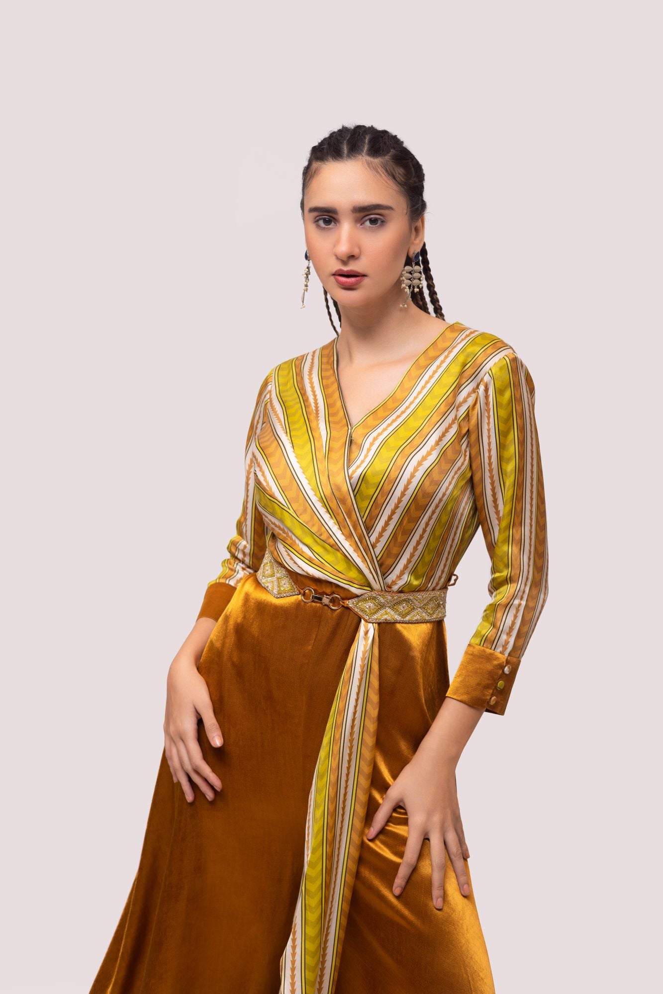 Buy brown and mustard striped satin silk jumpsuit online in USA. Shop the best and latest designs in embroidered sarees, designer sarees, Anarkali suit, lehengas, sharara suits for weddings and special occasions from Pure Elegance Indian fashion store in USA.-closeup