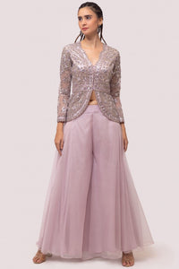 Buy lavender organza embroidered flared pant set online in USA. Shop the best and latest designs in embroidered sarees, designer sarees, Anarkali suit, lehengas, sharara suits for weddings and special occasions from Pure Elegance Indian fashion store in USA.-full view