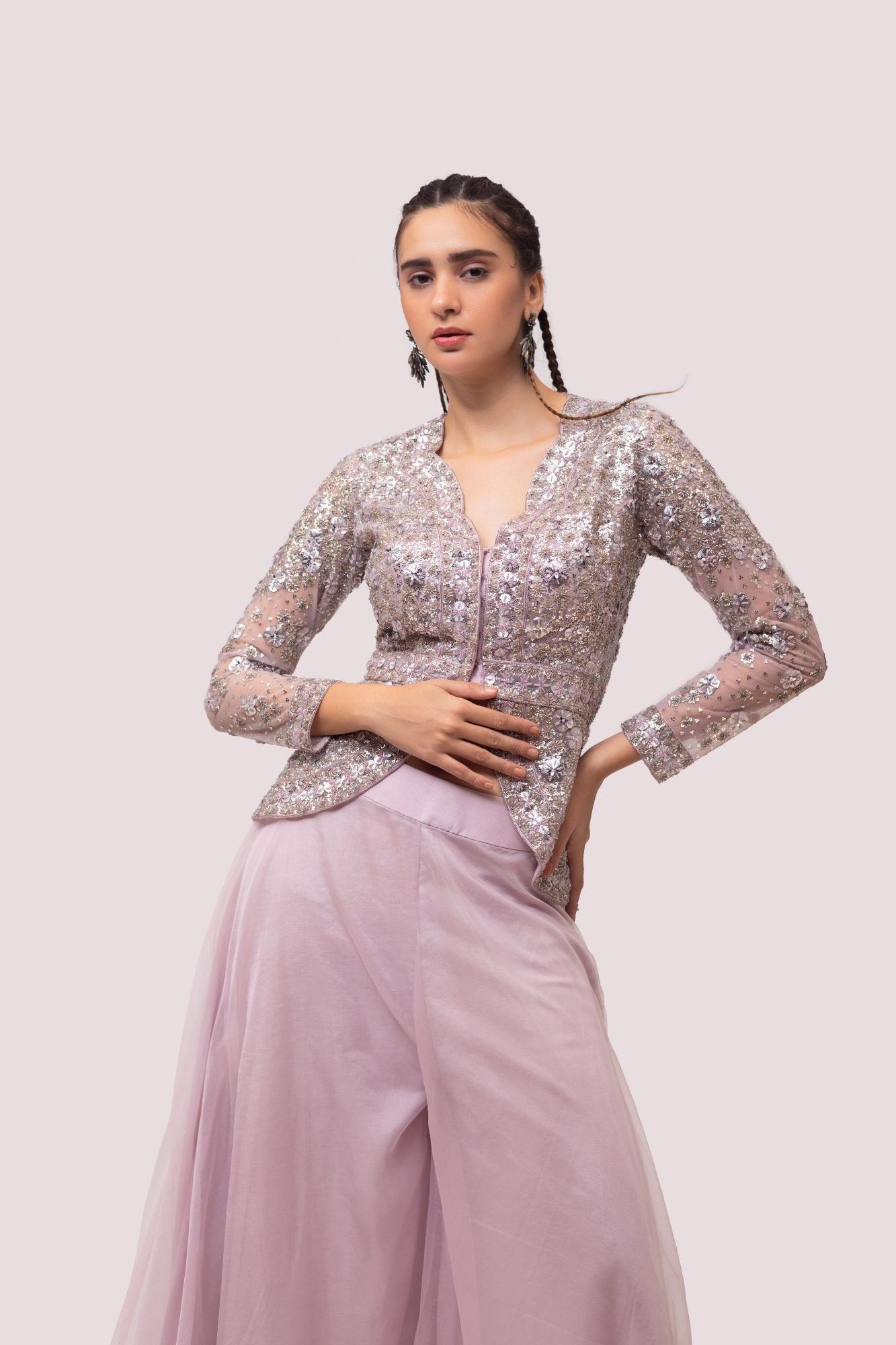 Buy lavender organza embroidered flared pant set online in USA. Shop the best and latest designs in embroidered sarees, designer sarees, Anarkali suit, lehengas, sharara suits for weddings and special occasions from Pure Elegance Indian fashion store in USA.-closeup