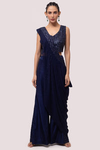 Shop beautiful navy blue embroidered silk chikan palazzo set online in USA. Shop the best and latest designs in embroidered sarees, designer sarees, Anarkali suit, lehengas, sharara suits for weddings and special occasions from Pure Elegance Indian fashion store in USA.-full view